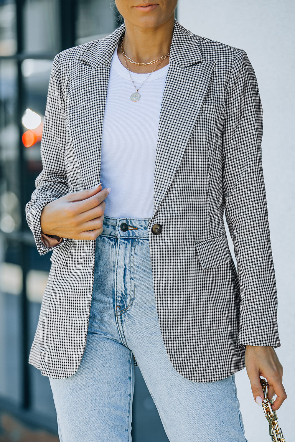 Plaid Lapel Collar Button Cuff Blazer - Body By J'ne