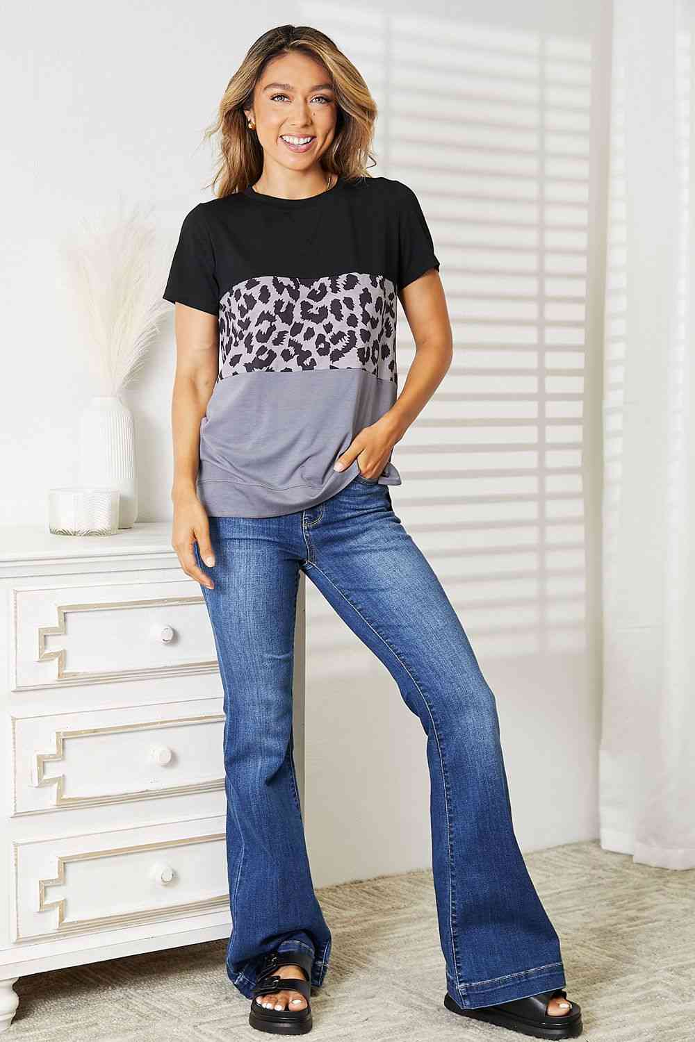 Leopard Print Color Block Short Sleeve T-Shirt - Body By J'ne