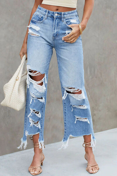 Distressed Raw Hem Jeans with Pockets - Body By J'ne