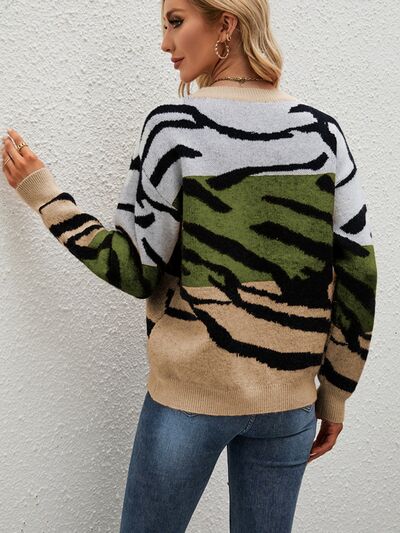 Color Block Animal Print Dropped Shoulder Sweater - Body By J'ne