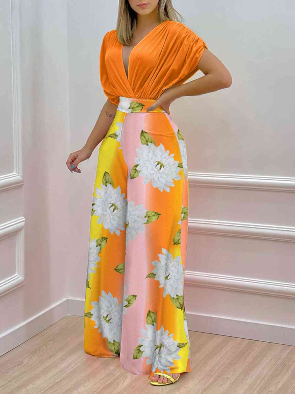 Printed Surplice Top and Wide Leg Pants Set - Body By J'ne