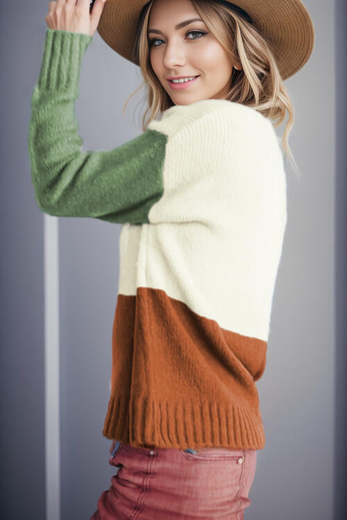 Color Block Round Neck Long Sleeve Sweater - Body By J'ne