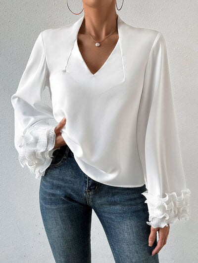 Lettuce Hem V-Neck Long Sleeve Blouse - Body By J'ne