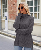 Ribbed Turtleneck Long Sleeve Slit Knit Top - Body By J'ne