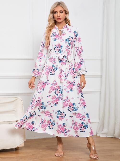 Floral Tie Front Balloon Sleeve Dress - Body By J'ne