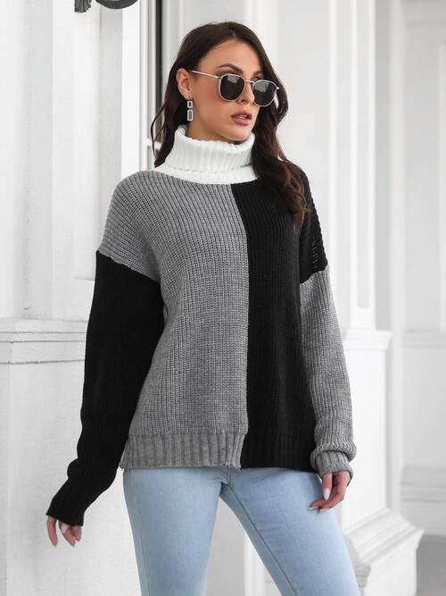 Contrast Turtleneck Long Sleeve Sweater - Body By J'ne