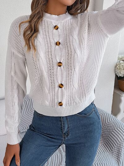 Cable-Knit Buttoned Round Neck Sweater - Body By J'ne