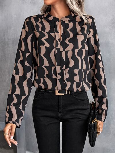 Printed Notched Long Sleeve Blouse - Body By J'ne
