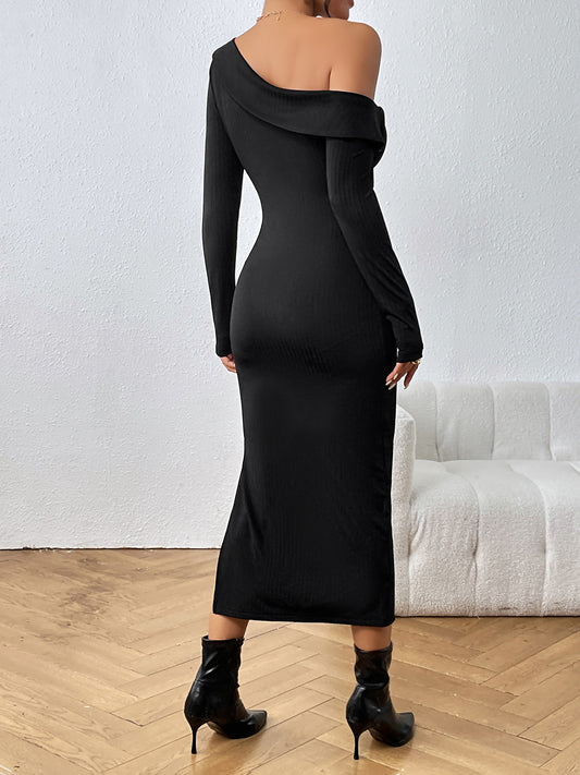Asymmetrical Neck Long Sleeve Slit Dress - Body By J'ne