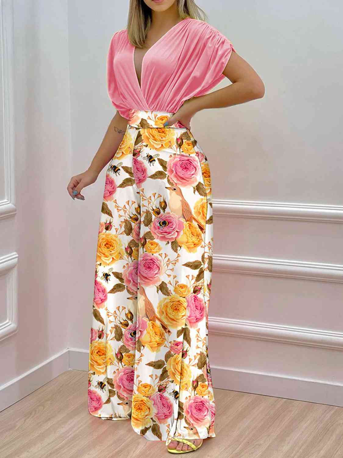 Printed Surplice Top and Wide Leg Pants Set - Body By J'ne