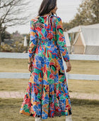 Printed Smocked Tie Neck Balloon Sleeve Maxi Dress - Body By J'ne