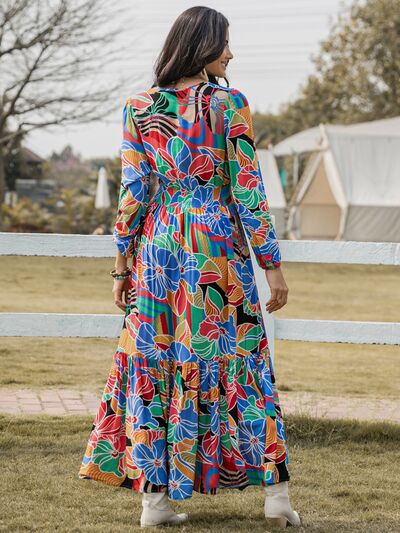 Printed Smocked Tie Neck Balloon Sleeve Maxi Dress - Body By J'ne