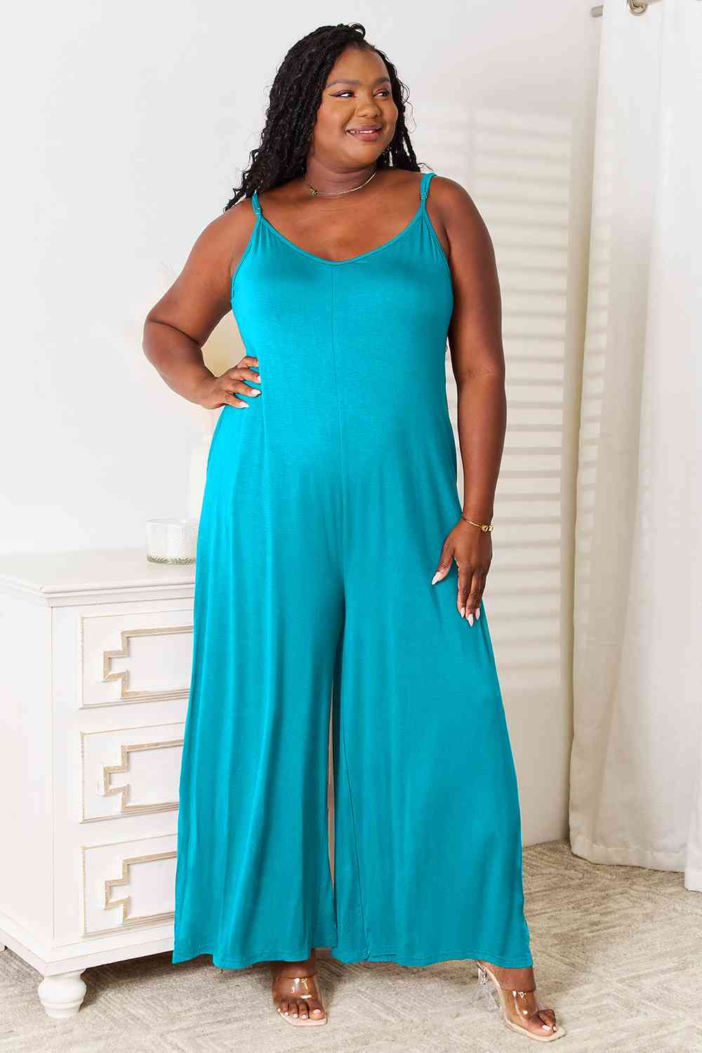 Soft Rayon Spaghetti Strap Tied Wide Leg Jumpsuit - Body By J'ne