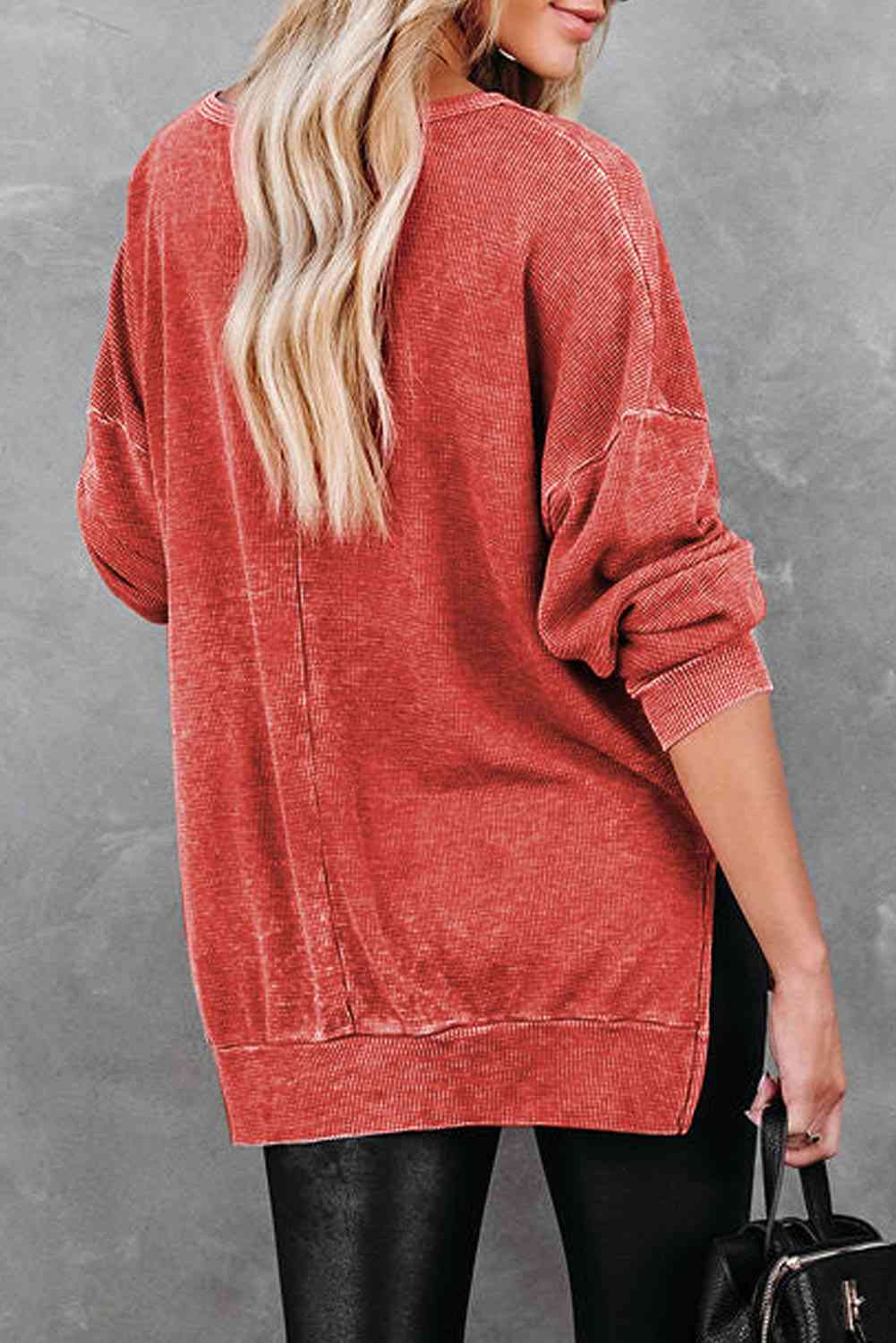 Waffle Knit Side Slit Drop Shoulder Sweatshirt - Body By J'ne