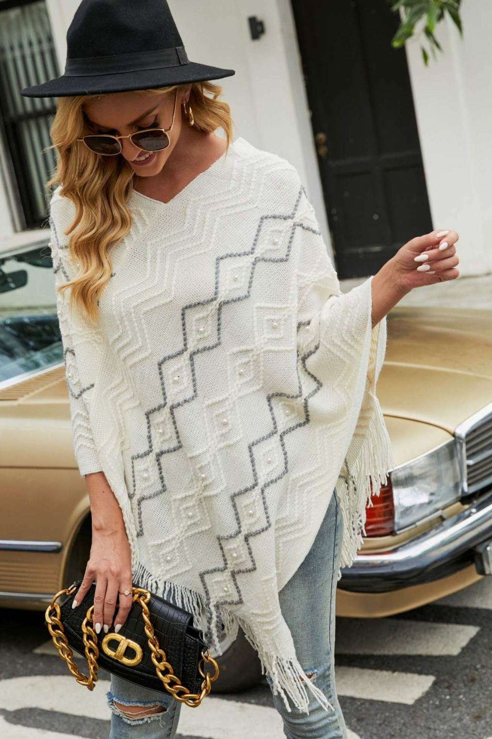 Pearl Trim V-Neck Fringe Hem Poncho - Body By J'ne