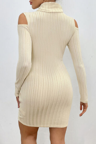 Ribbed Turtleneck Cold Shoulder Long Sleeve Mini Dress - Body By J'ne