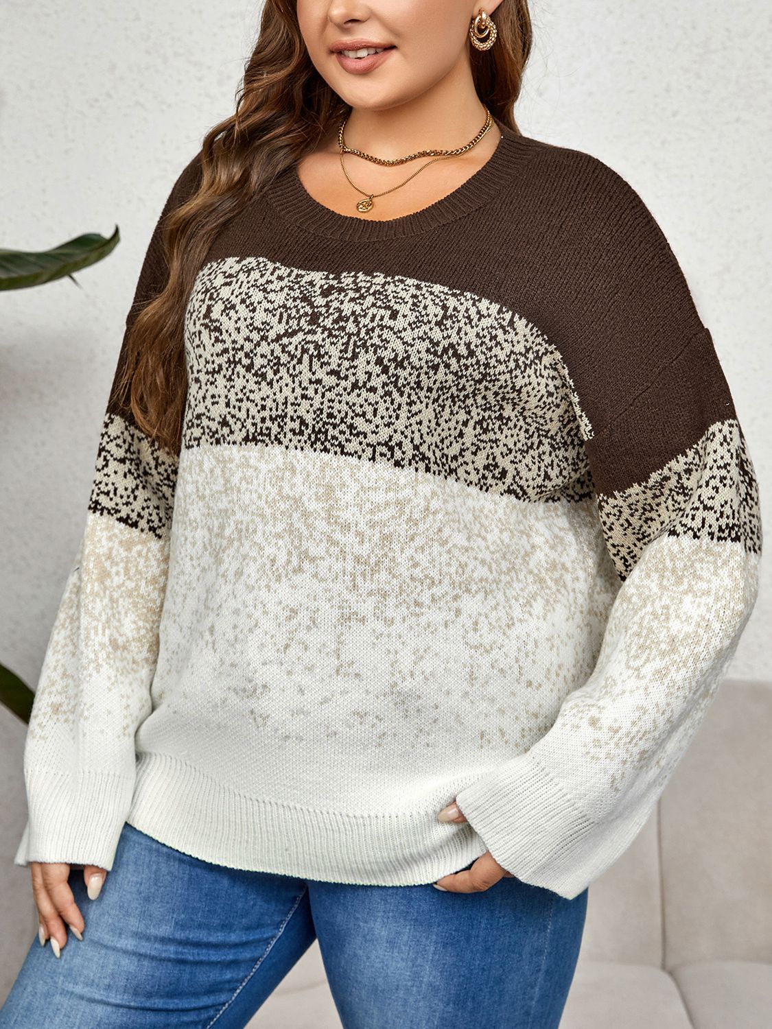 Plus Size Round Neck Long Sleeve Printed Sweater - Body By J'ne