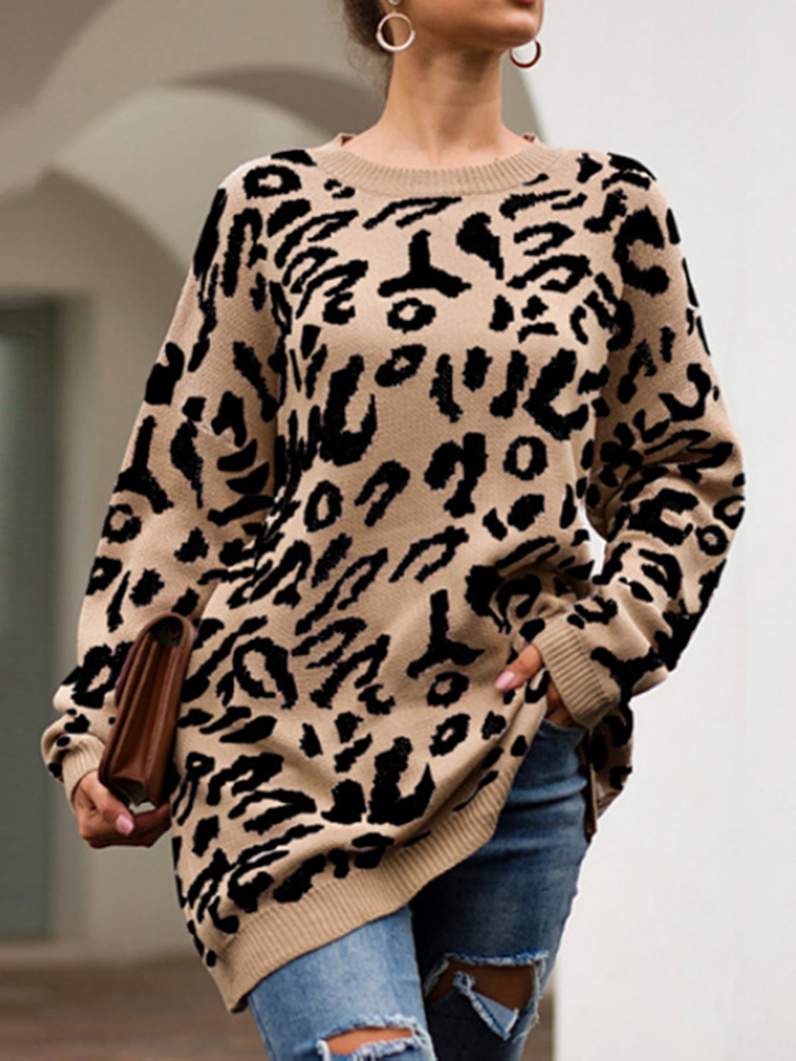 Leopard Round Neck Tunic Sweater - Body By J'ne