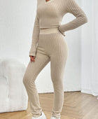 Ribbed V-Neck Long Sleeve Cropped Top and Pants Set - Body By J'ne