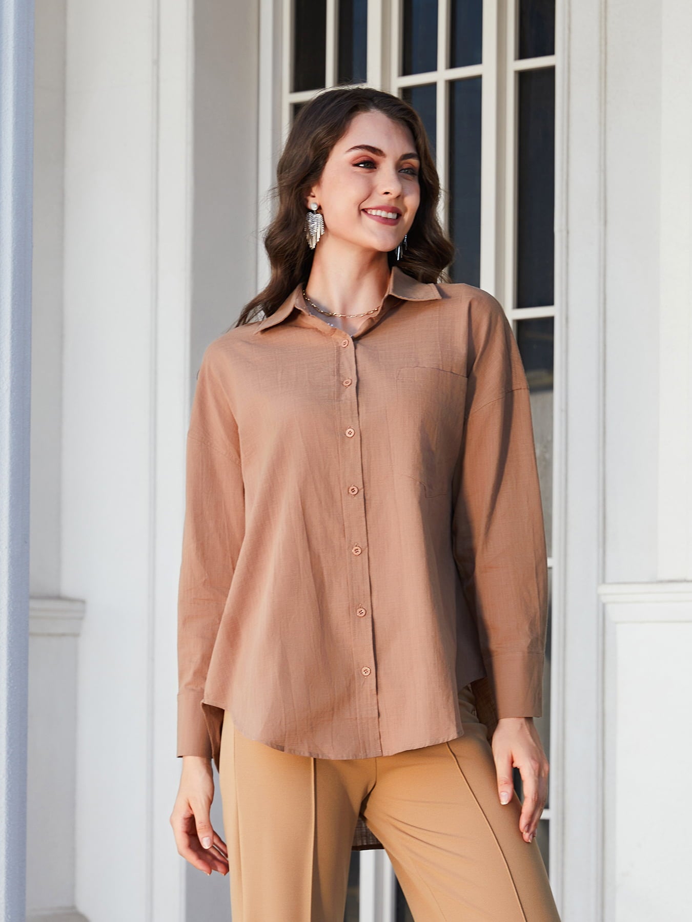 Dropped Shoulder Collared High-Low Shirt - Body By J'ne