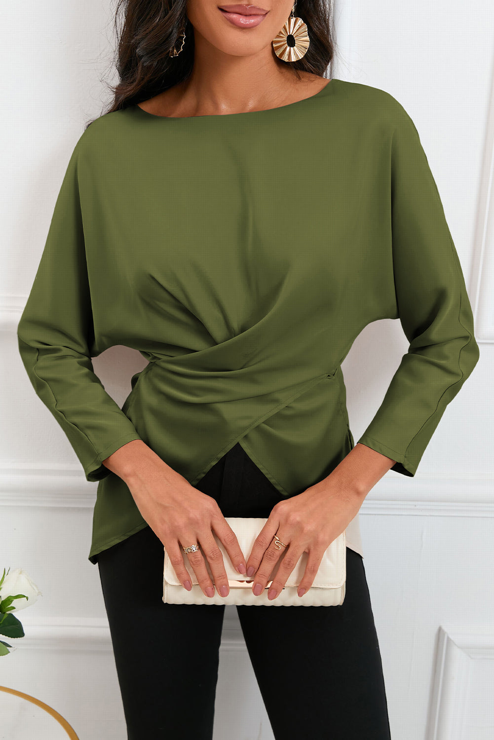 Boat Neck Back Tie Long Sleeve Satin Blouse - Body By J'ne