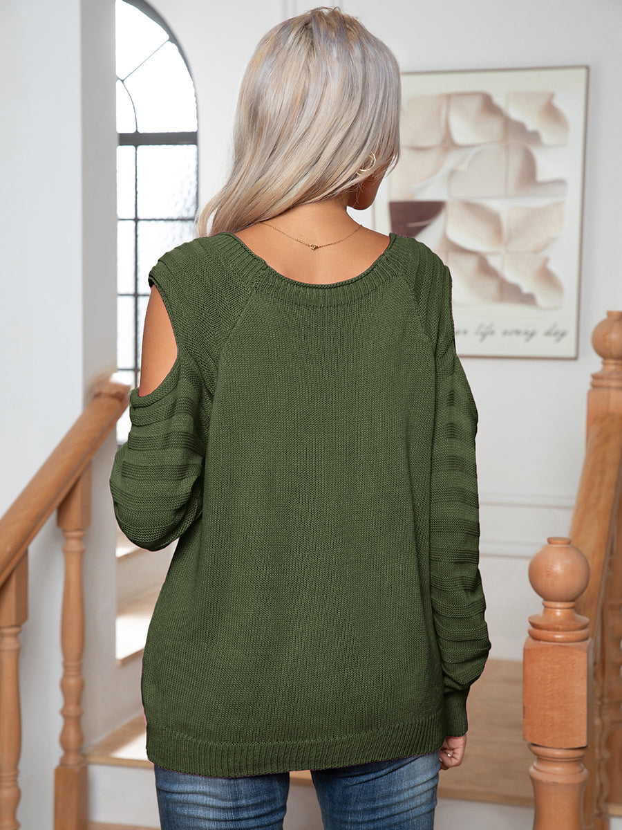 Decorative Button Cold-Shoulder Sweater - Body By J'ne
