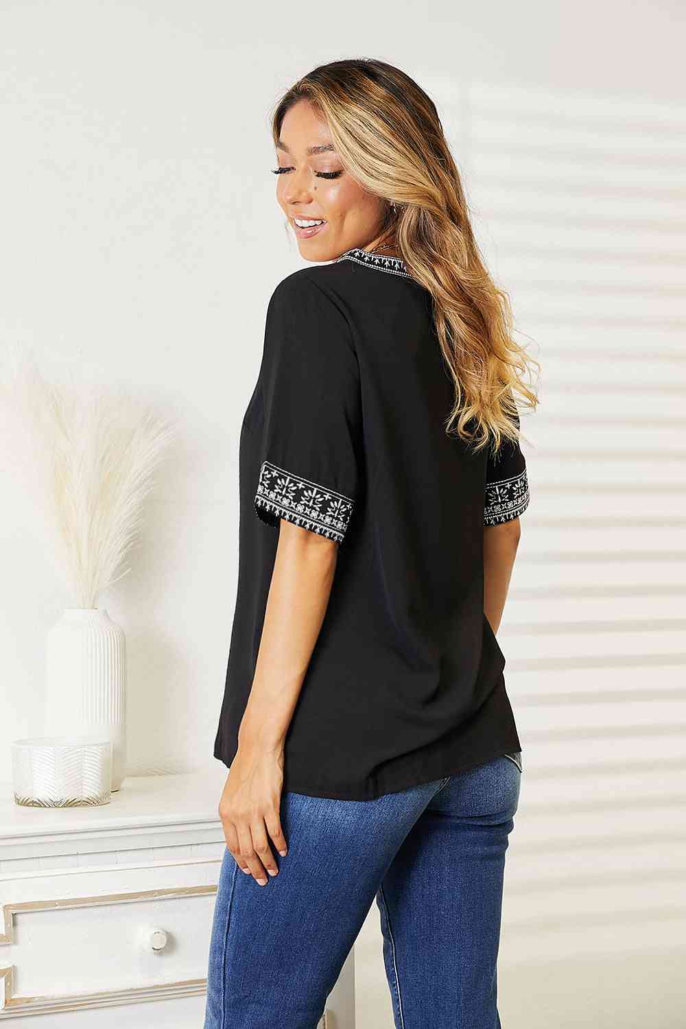 Embroidered Notched Neck Top - Body By J'ne
