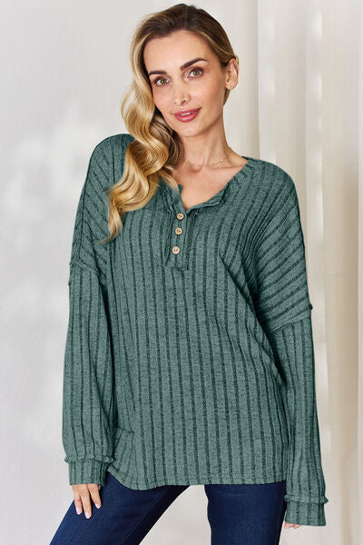 Full Size Ribbed Half Button Long Sleeve T-Shirt - Body By J'ne