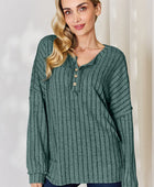 Full Size Ribbed Half Button Long Sleeve T-Shirt - Body By J'ne