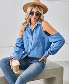 Cold Shoulder Pocketed Button Up Denim Jacket - Body By J'ne