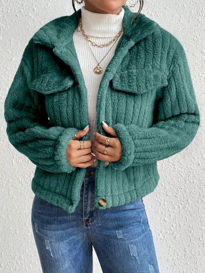 Fuzzy Button Up Collared Neck Jacket - Body By J'ne