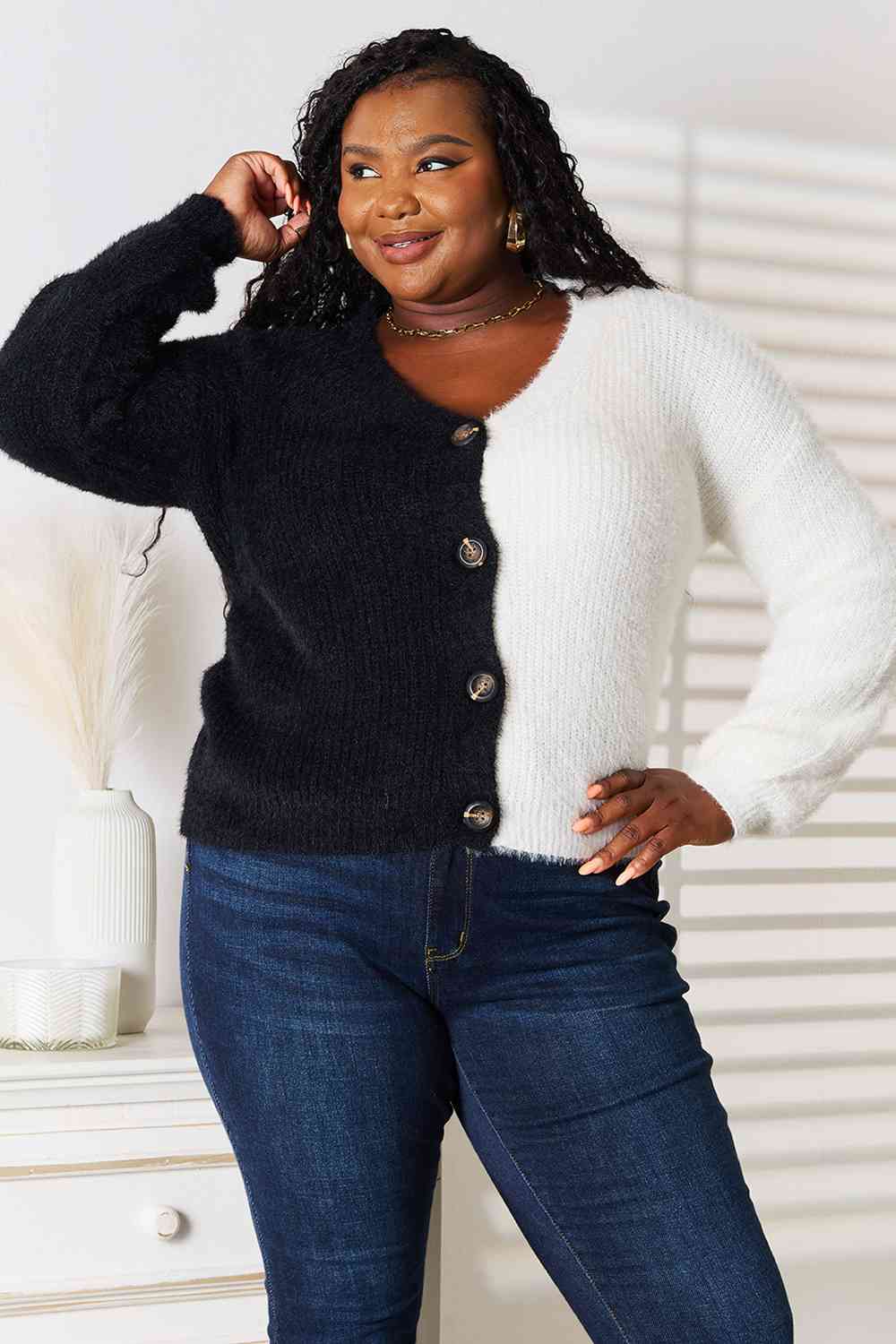 Radiant Contrast Button-Front V-Neck Cardigan - Body By J'ne