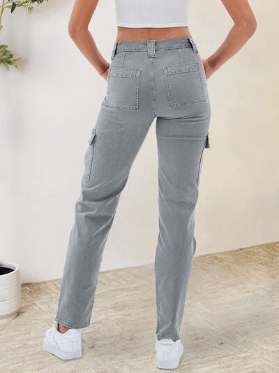 Buttoned Straight Jeans with Cargo Pockets - Body By J'ne