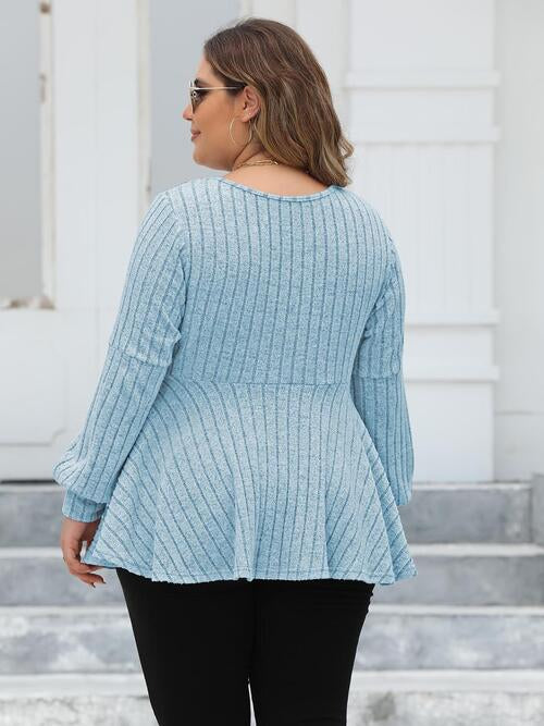 Plus Size Ribbed V-Neck Long Sleeve Blouse - Body By J'ne