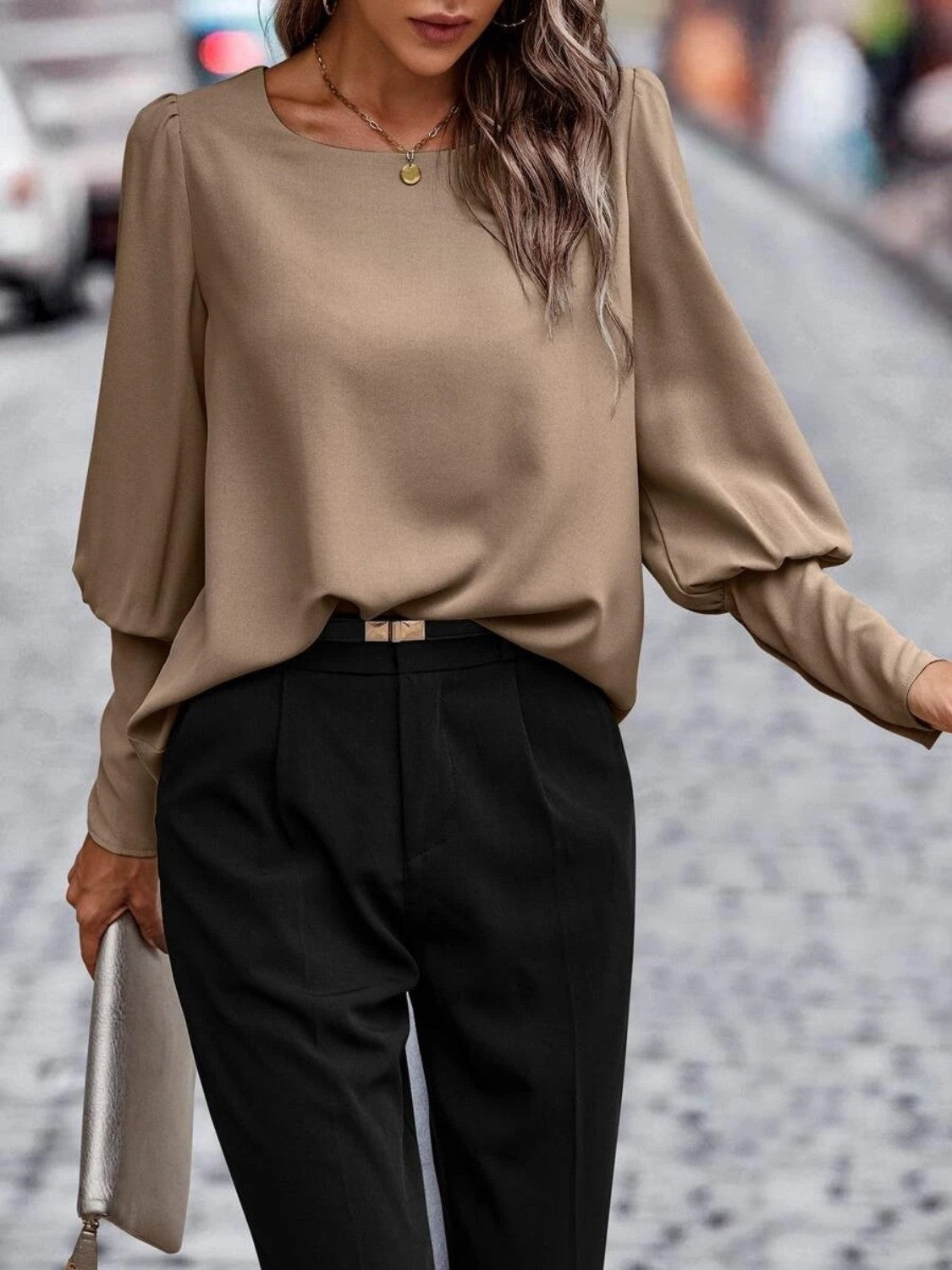 Round Neck Lantern Sleeve Blouse - Body By J'ne