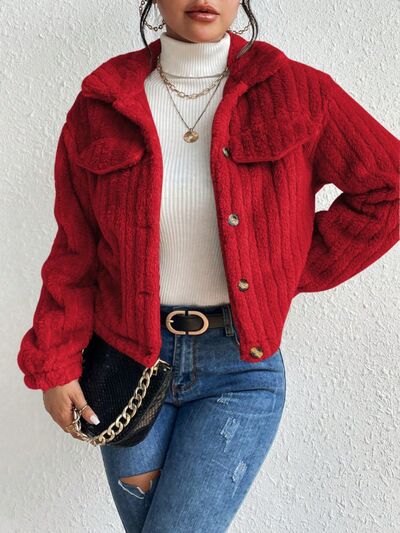 Fuzzy Button Up Collared Neck Jacket - Body By J'ne