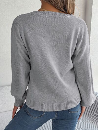 Cable-Knit V-Neck Lantern Sleeve Sweater - Body By J'ne