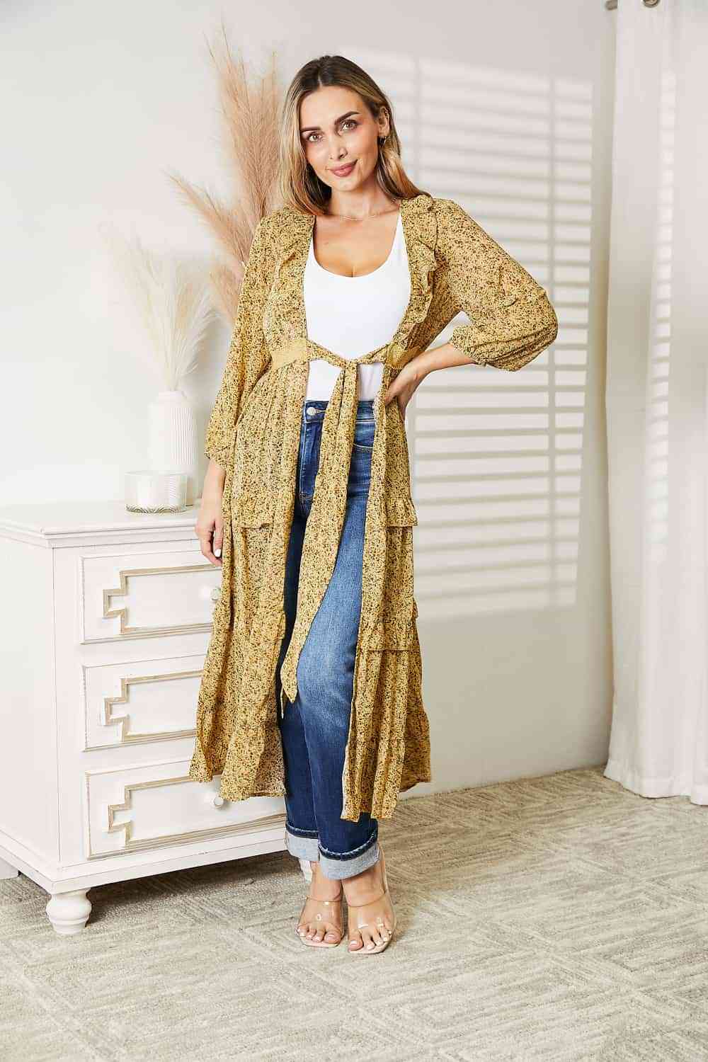 Full Size Tie Front Ruffled Duster Cardigan - Body By J'ne