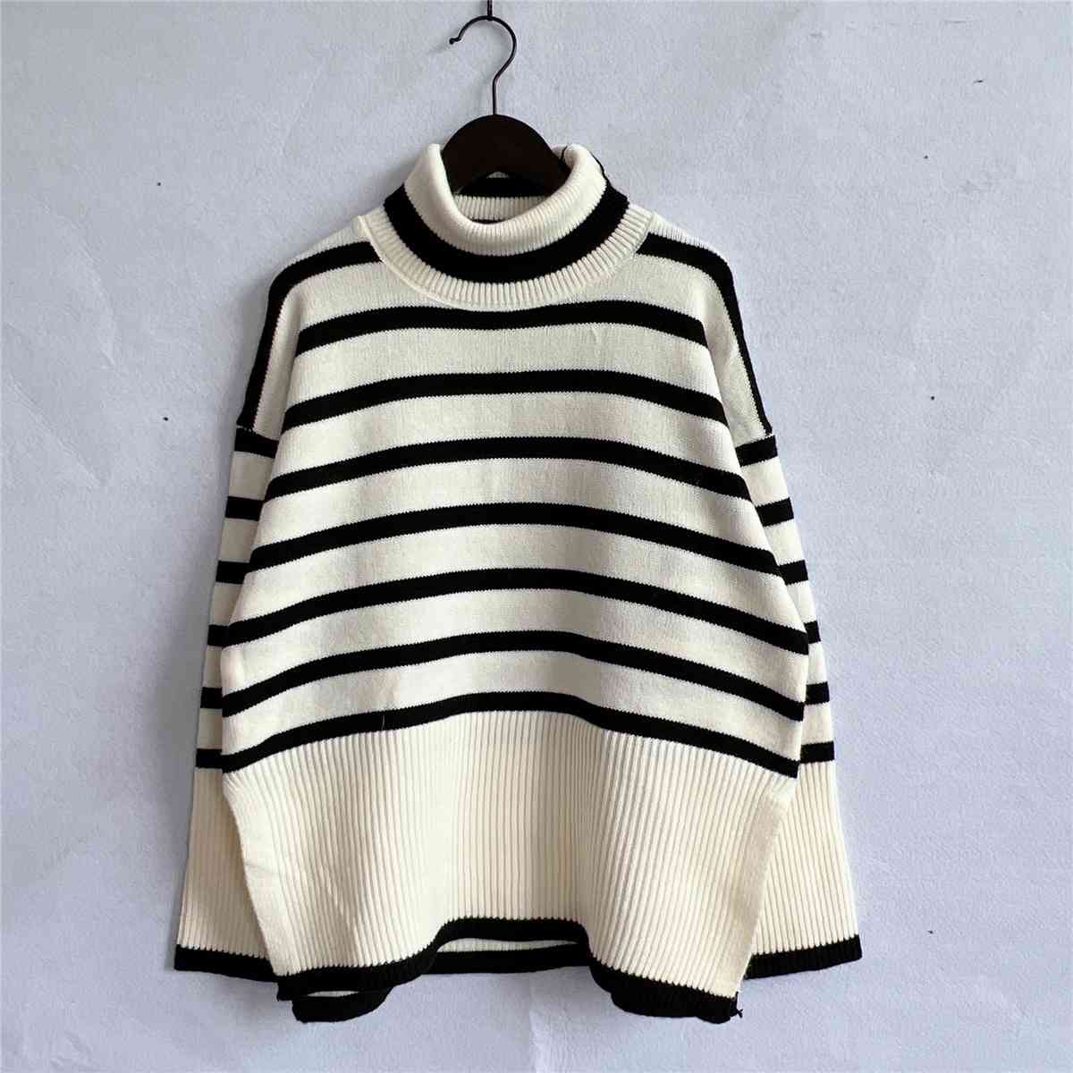 Striped Turtleneck Flare Sleeve Sweater - Body By J'ne