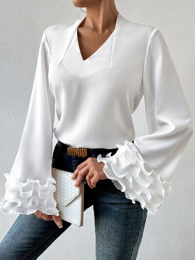 Lettuce Hem V-Neck Long Sleeve Blouse - Body By J'ne