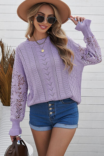 Openwork Lantern Sleeve Dropped Shoulder Sweater - Body By J'ne