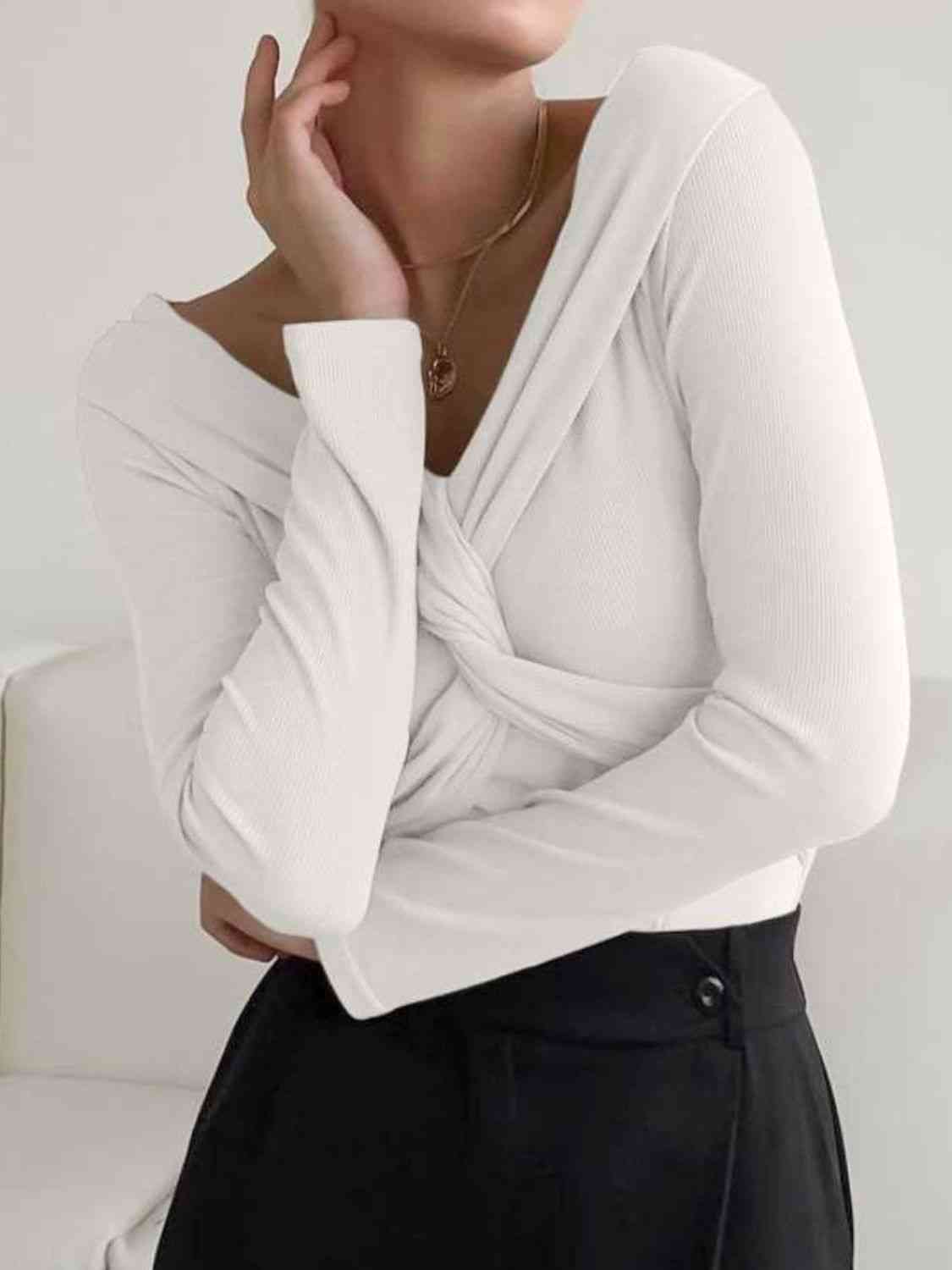 In Charge V-Neck Twisted Long Sleeve Knit Top - Body By J'ne