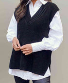 Focused V-Neck Slit Sweater Vest - Body By J'ne