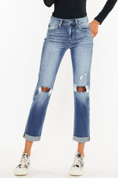 Kancan High Waist Distressed Hem Detail Cropped Straight Jeans - Body By J'ne