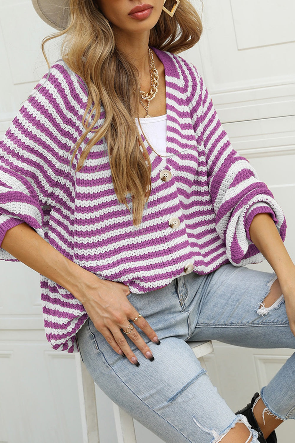 Striped Button Up Long Sleeve Cardigan - Body By J'ne