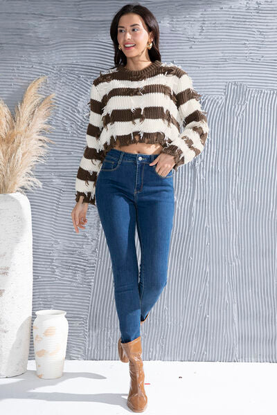 Striped Fringe Round Neck Sweater - Body By J'ne