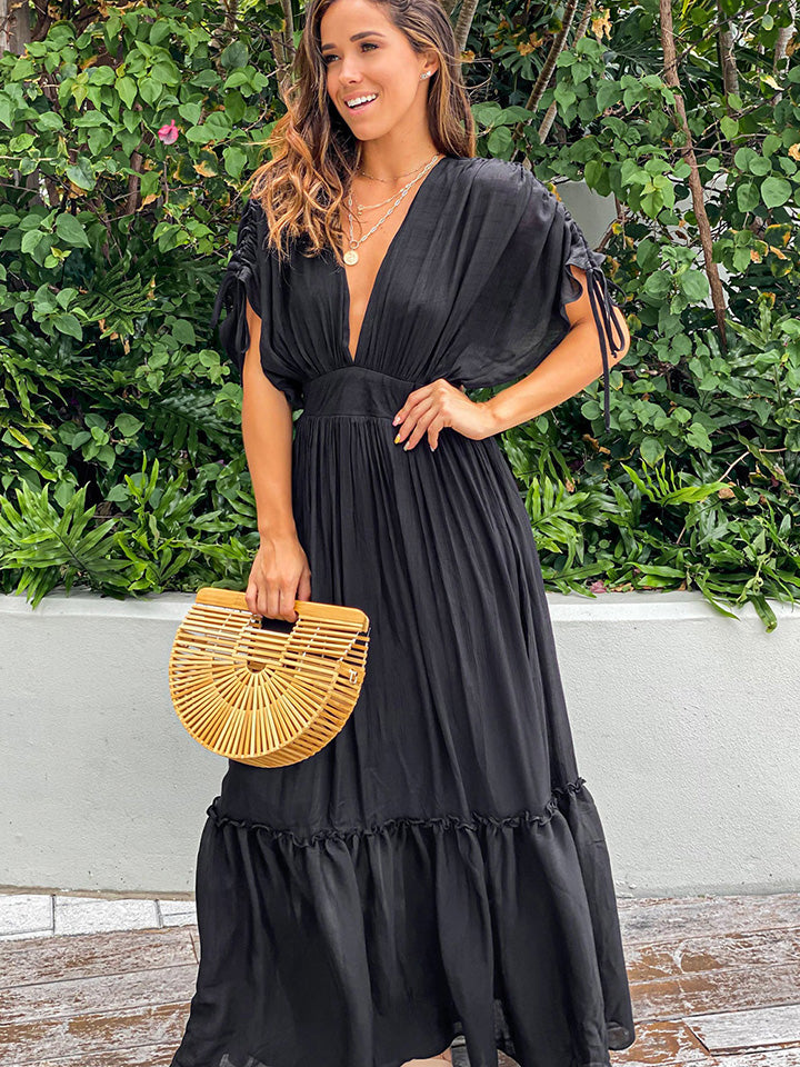 Plunge Neck Tie Sleeve Maxi Dress - Body By J'ne