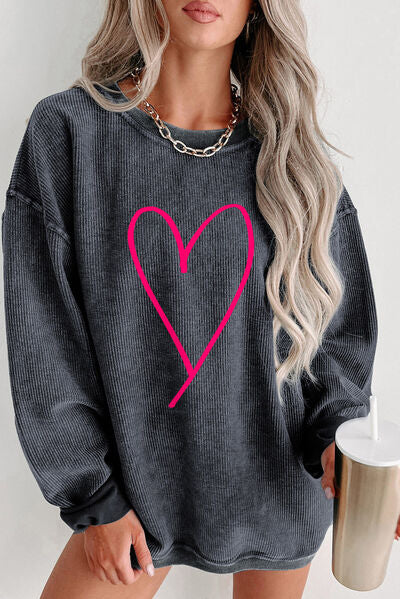 Heart Round Neck Dropped Shoulder Sweatshirt - Body By J'ne