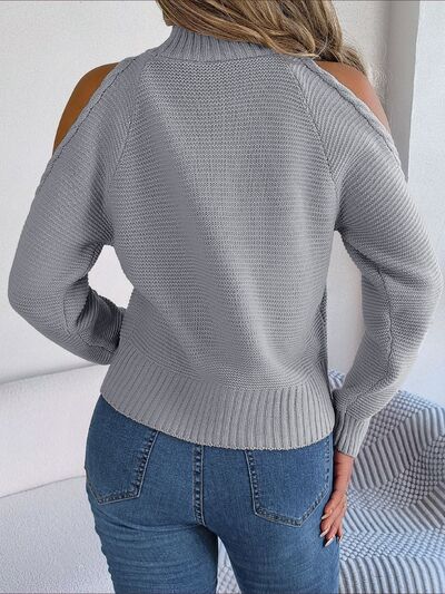 Cable-Knit Turtleneck Cold Shoulder Sweater - Body By J'ne