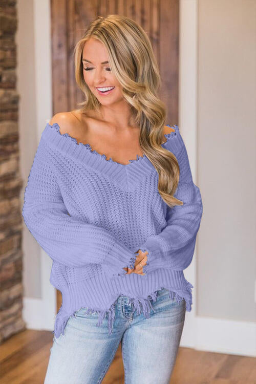 Frayed Hem Dropped Shoulder Sweater - Body By J'ne